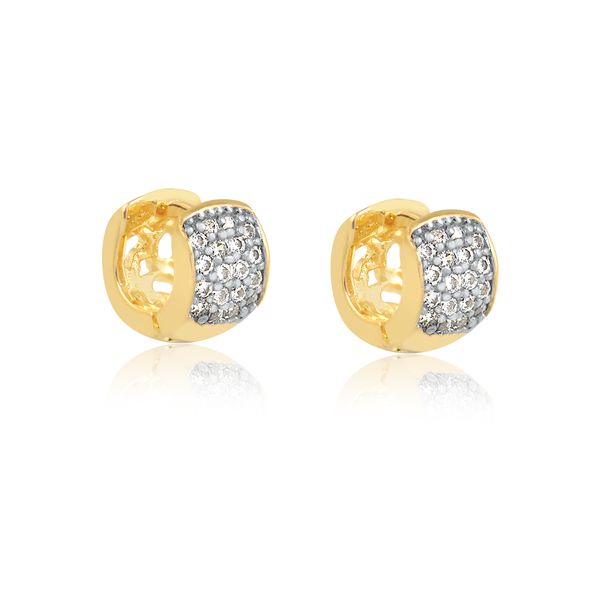 

Brinco argola micro com detalhes em ródio e cravejada com zircônias folheado em ouro 18k