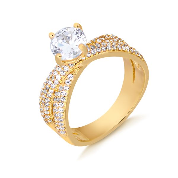 

Anel solitário cruzado com micro zircônias folheado em ouro 18k 14