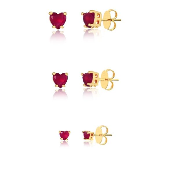 

Kit de brincos coração com pedra natural vermelho rubi folheado em ouro 18k