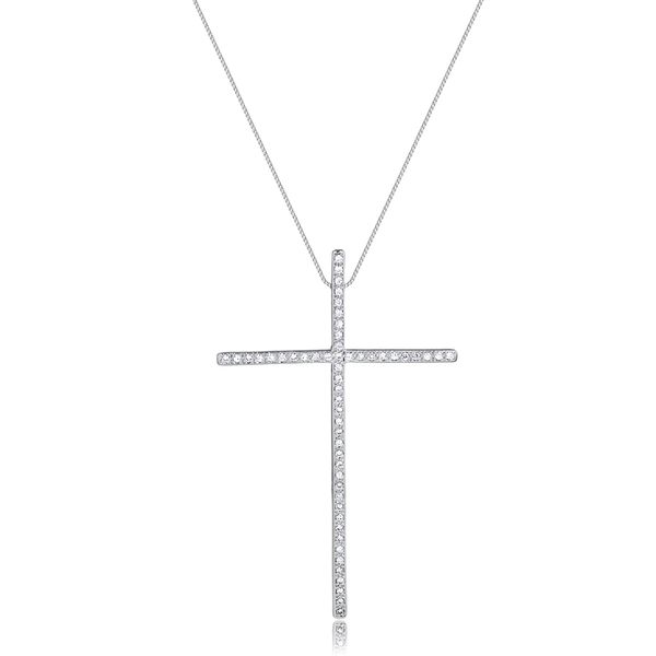 

Colar com crucifixo de pequenas zircônias folheado em ródio branco