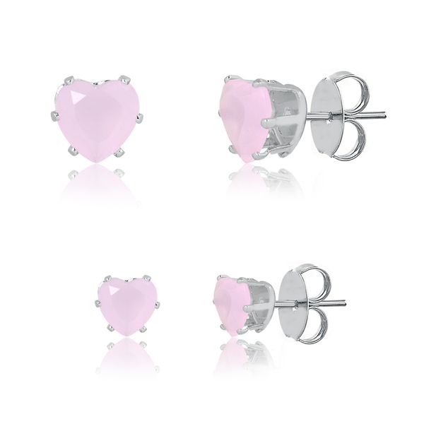 

Kit de brincos de coração com pedra natural rosa folheado em ródio branco
