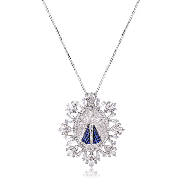 

Colar Nossa Senhora Aparecida com zircônias e manto azul folheado em ródio branco