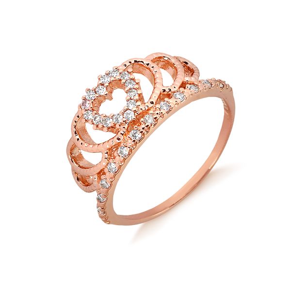 

Anel de coroa com coração repleto de zircônias folheado em ouro rosé 12