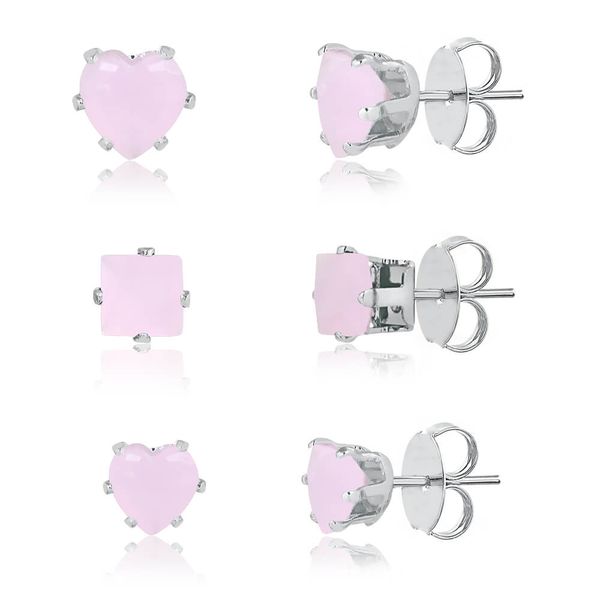 

Kit de brincos corações e quadrado com pedra natural rosa folheado em ródio branco