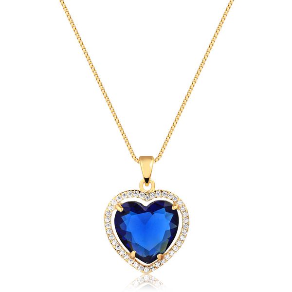 

Colar de coração com pedra natural azul cravejado com zircônias folheado em ouro 18k