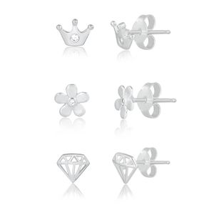 Trio-de-brincos-delicados-de-coroa-flor-e-diamante-em-prata-1