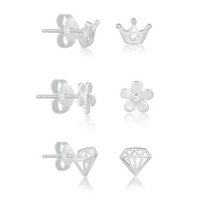 Trio-de-brincos-delicados-de-coroa-flor-e-diamante-em-prata-2