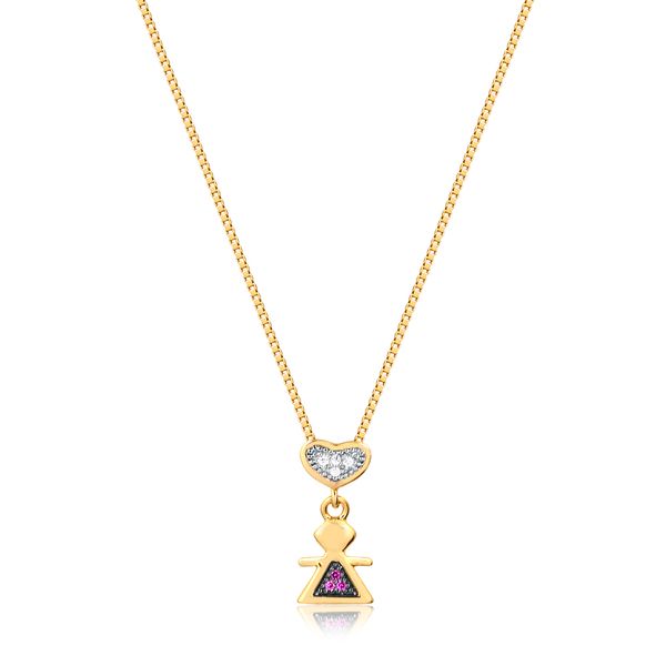 

Colar com pingente de menina e coração com zircônias rosa e branca folheado em ouro 18k
