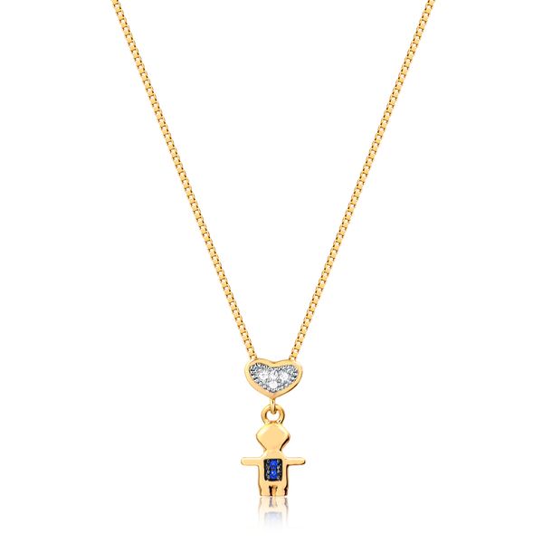

Colar com pingente de menino e coração com zircônias azul e branca folheado em ouro 18k