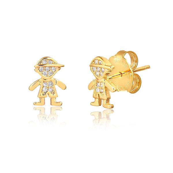 

Brinco menino com zircônias brancas folheado em ouro 18k