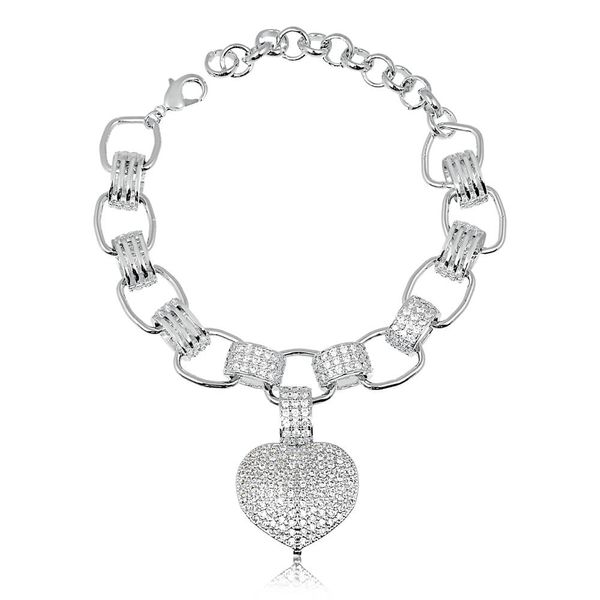 

Pulseira com elos grandes e coração de zircônias folheada em ródio branco