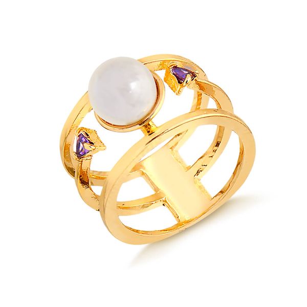 

Anel largo com pérola de água doce e zircônias lilás folheado em ouro 18k 12