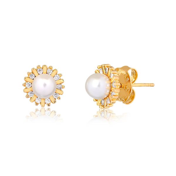 

Brinco de flor com pérola e micro zircônias folheado em ouro 18k