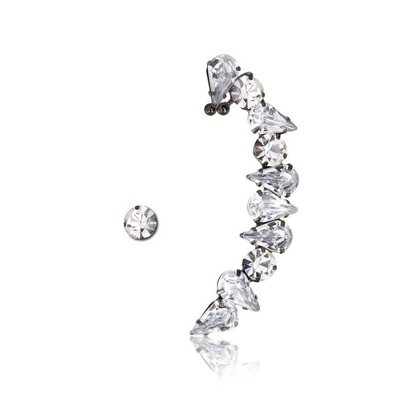 

Brinco ear cuff com cristais redondas e gotas brancas folheado em ródio negro