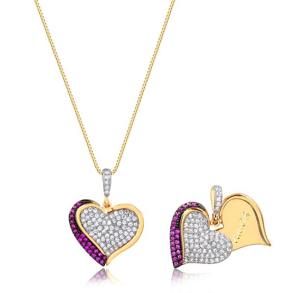 

Colar de coração duplo com frente cravejada de zircônia e plaquinha escrita “amor” folheado em ouro 18k