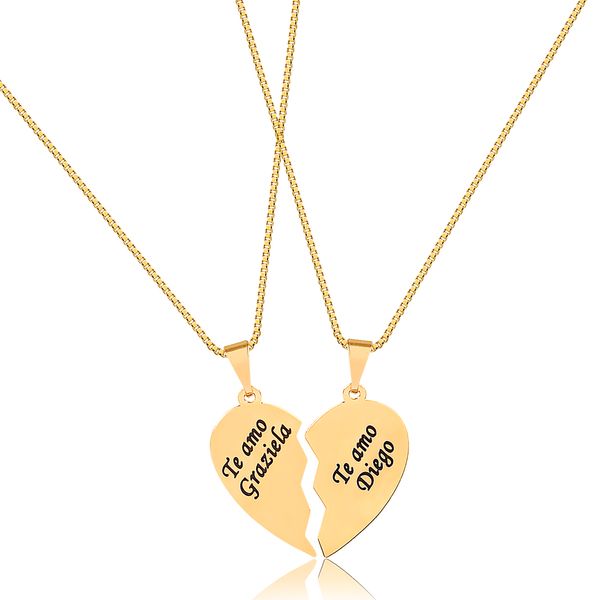 

Colar duplo com metades de um coração personalizado folheado (escolha o banho)