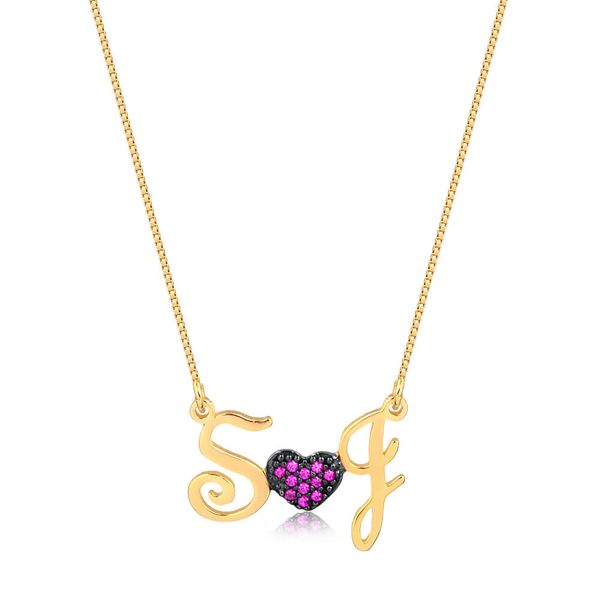 

Colar personalizado com iniciais e coração com zircônias rosa folheado (escolher banho)