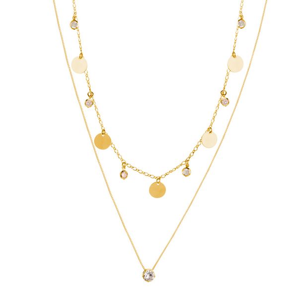 

Mix de colares com choker de medalhas e zircônias e colar ponto de luz folheado em ouro 18k
