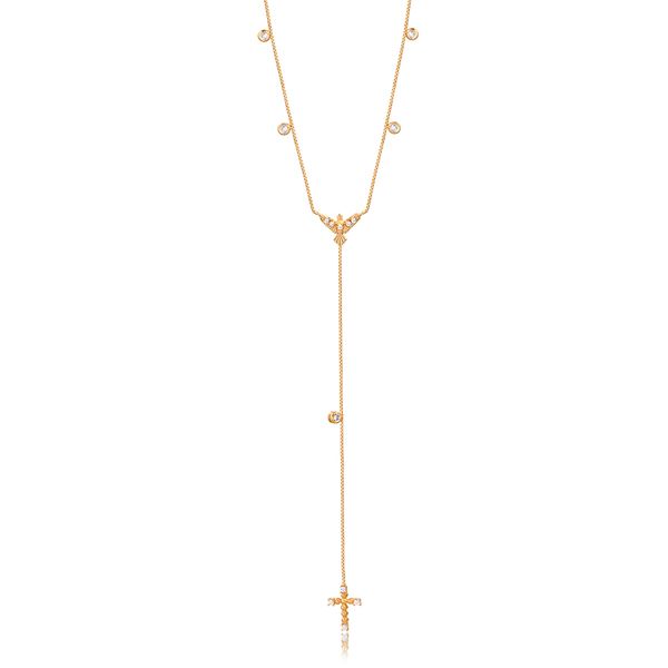 

Colar pêndulo com pingente Espírito Santo, crucifixo e zircônias folheado em ouro 18k