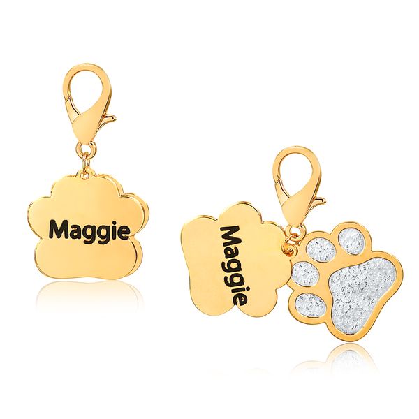

Pingente para coleira personalizado patinhas de cachorro com detalhes em ródio branco folheado (escolha o banho)