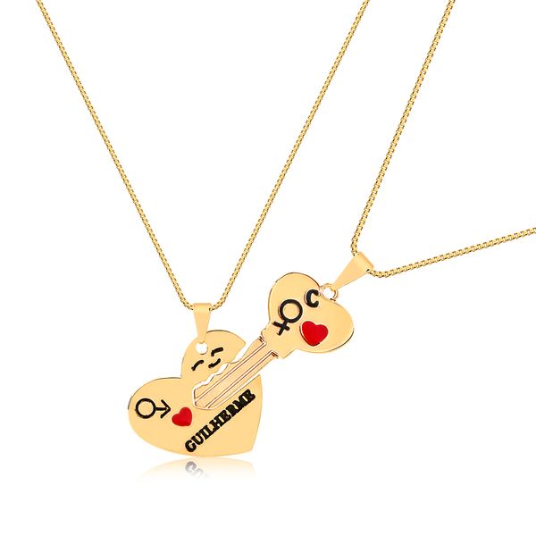 

Colar duplo amor eterno personalizado com pingente de chave e coração folheado (escolha o banho)
