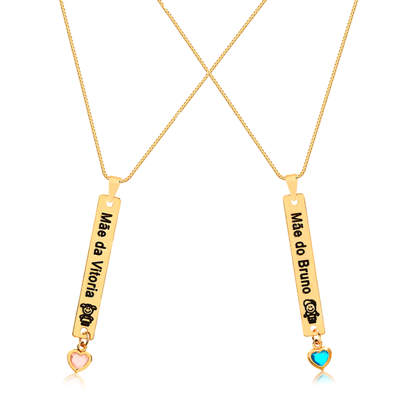 

Colar personalizado com plaquinha vertical e pingente de coração folheado (escolha o banho)