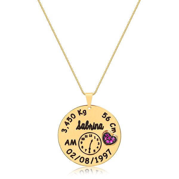 

Colar com plaquinha redonda personalizada e coração cravejado de zircônia folheado (escolha o banho)