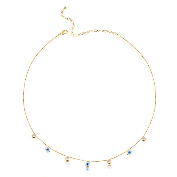 

Coleira choker com medalhas de olho grego e zircônias folheado em ouro 18k
