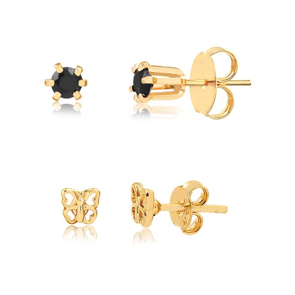 

Kit de brincos com zircônia preta e borboleta vazada folheado em ouro 18k