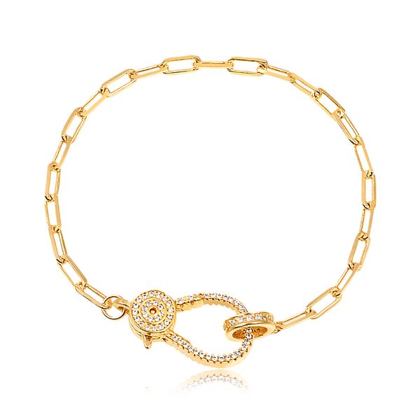 

Pulseira com corrente cartier fina e fecho lagosta cravejado de zircônias folheado em ouro 18k