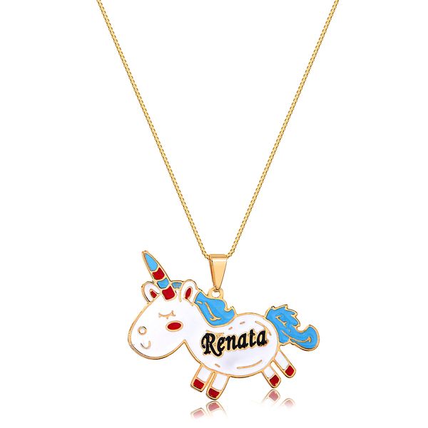 

Colar personalizado com nome e pingente de unicórnio colorido (escolha o banho)