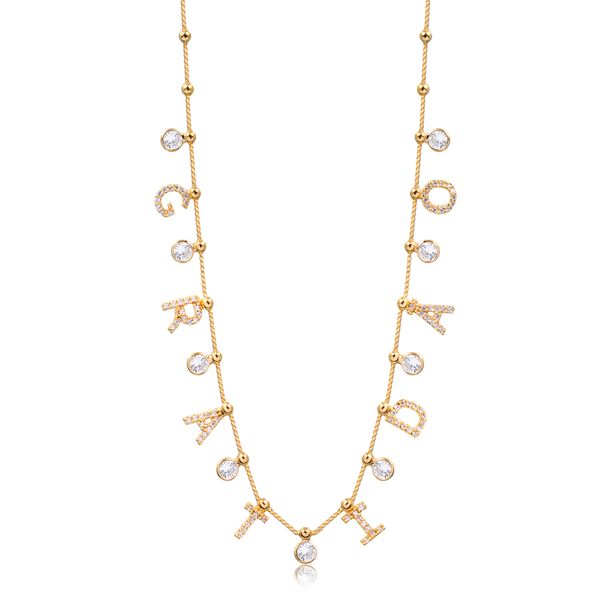 

Coleira choker com corrente de bolinhas e escrita gratidão com pontos de luz folheado em ouro 18k