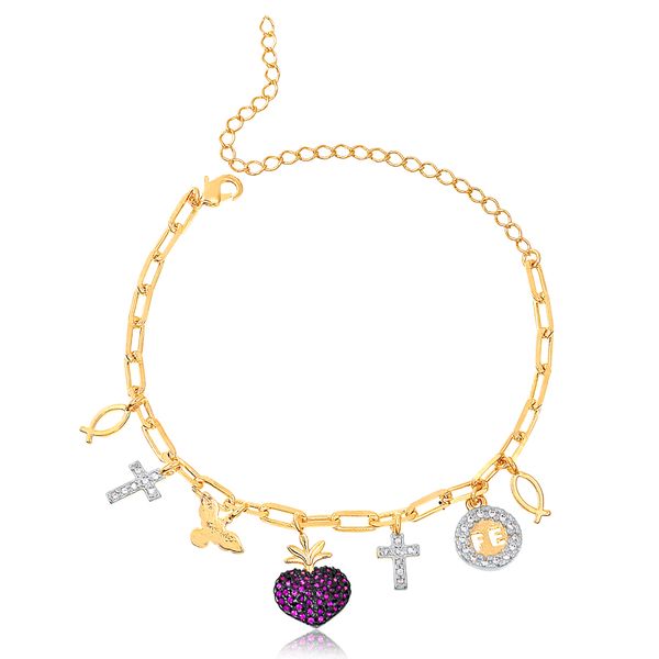

Pulseira com corrente cartier e pingentes religiosos folheado em ouro 18k