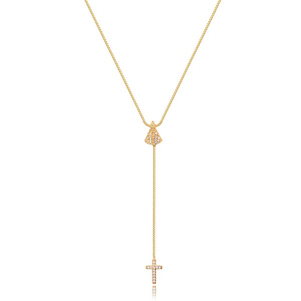 

Colar gravatinha com pingente de Nossa Senhora e cruz folheado em ouro 18k