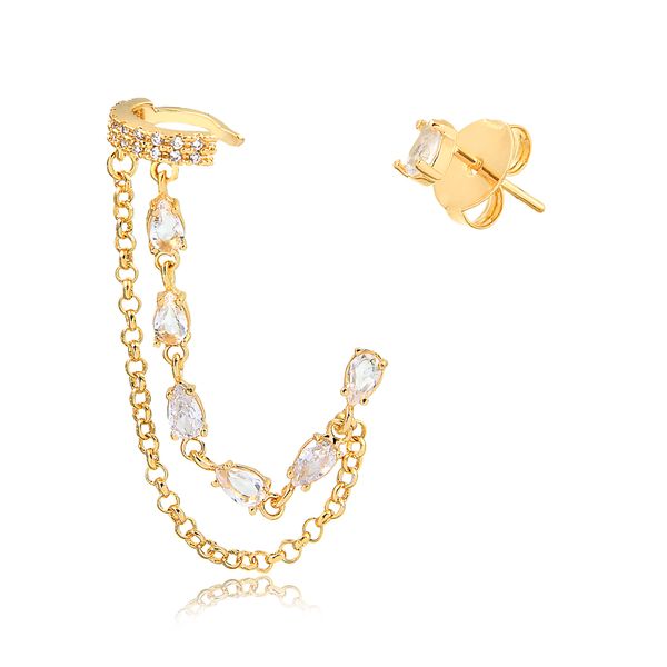 

Brinco ear cuff com corrente dupla e gotas de zircônia folheado em ouro 18k