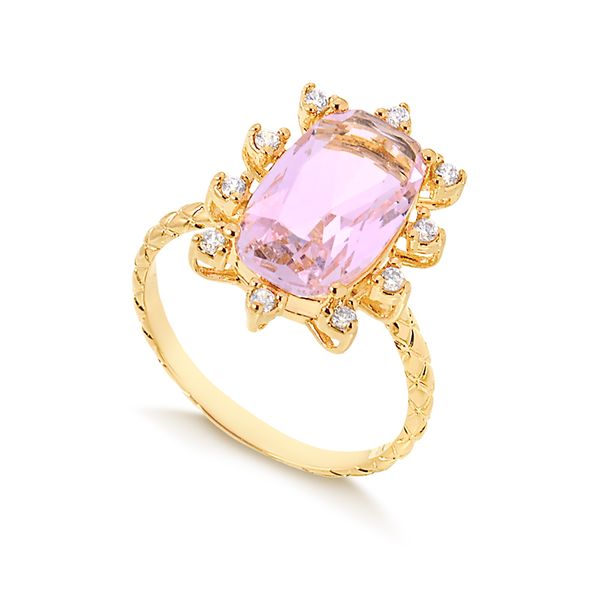 

Anel solitário com pedra natural rosa rodeado de zircônias folheado em ouro 18k 14