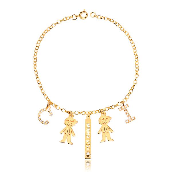 

Pulseira personalizada com pingente duplo de menino, menina e letras folheado (escolha o banho)