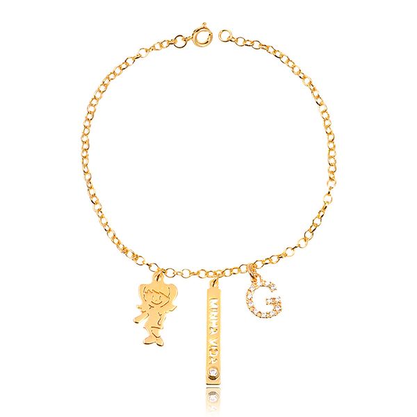 

Pulseira personalizada com pingente único de menino ou menina e letra folheado (escolha o banho)