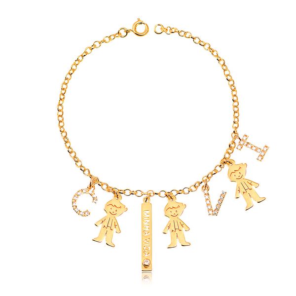 

Pulseira personalizada com pingente triplo de menino, menina e letras folheado (escolha o banho)