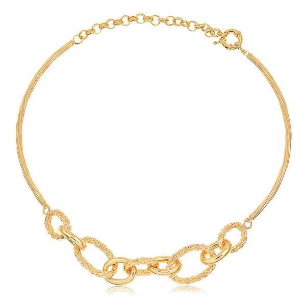 

Coleira choker estruturada com barrinha e maxi elos lisos e trançados folheada em ouro 18k