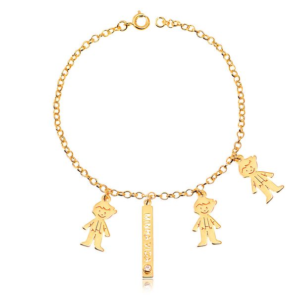 

Pulseira filhos amados com três pingentes folheados em ouro 18k 2 Meninas 1 Menino