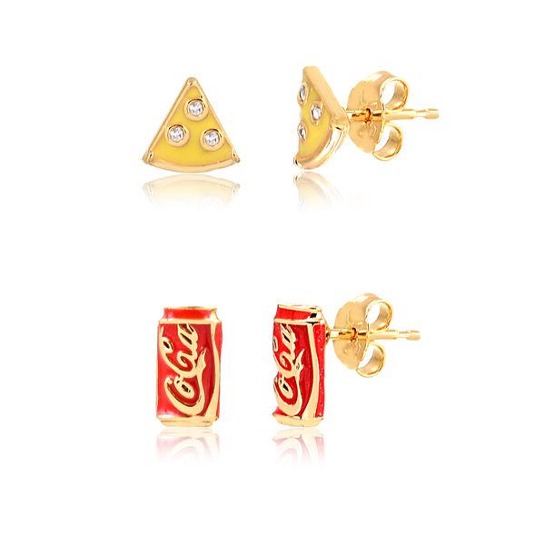 

Kit de brincos com pizza e coca folheados em ouro 18k