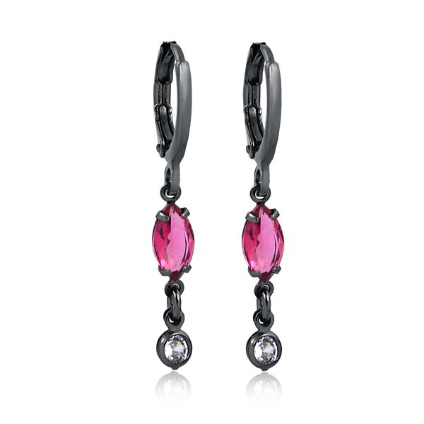 

Brinco de argola fechada com pedra navete rosa e ponto de luz folheado em ródio negro