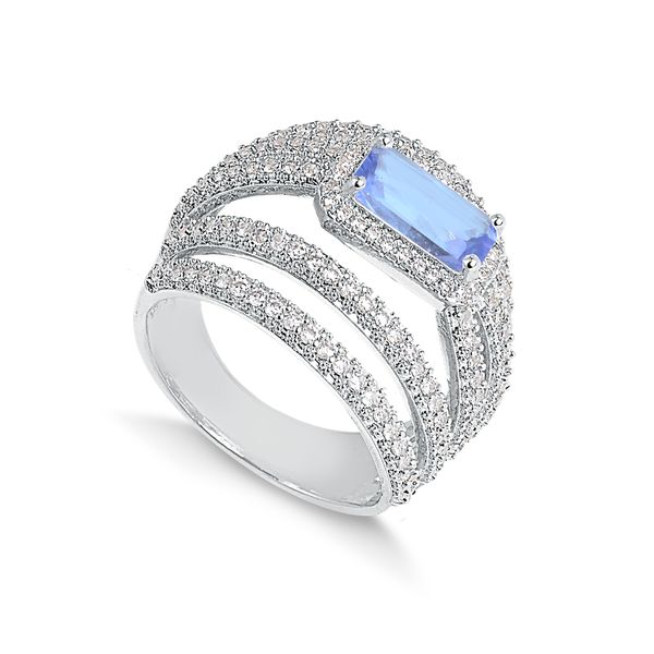 

Maxi anel com cinco aros de zircônia e pedra natural azul folheado em ródio branco 16