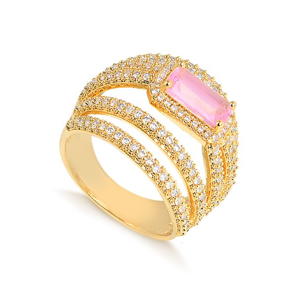 

Maxi anel com cinco aros de zircônia e pedra natural rosa folheado em ouro 18k 16