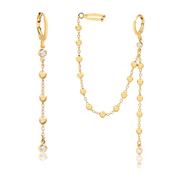 

Brinco de argola fechada e ear cuff com corrente de bolinhas folheado em ouro 18k