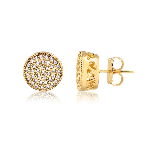 

Brinco pequeno redondo cravejado de zircônias folheado em ouro 18k