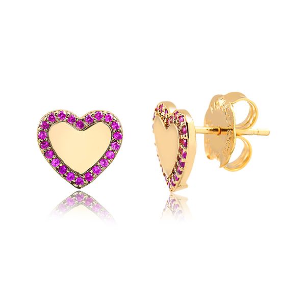 

Brinco de coração liso com zircônias rosa folheado em ouro 18k