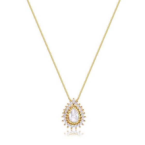 

Colar com pingente de gota rodeado de zircônias folheado em ouro 18k