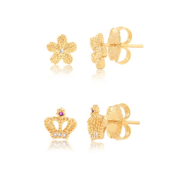 

Kit de brincos de flor e coroa com zircônias folheado em ouro 18k